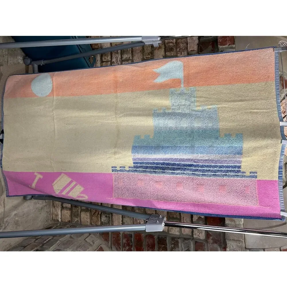 beach towel sandcastle pink blue orange 1980s